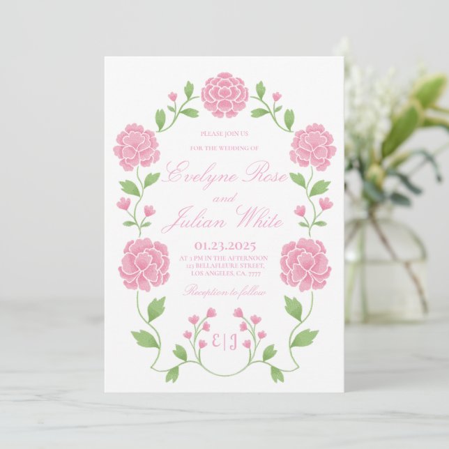 Convite de Casamento Floral Rosa Romântico (Em pé/Frente)