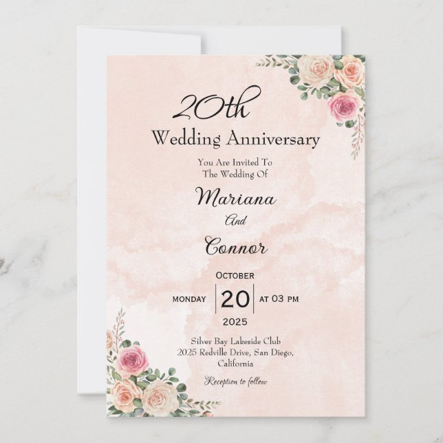 Convite de Casamento Floral Rosa Romântico para An (Frente)