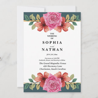 Convite de Casamento Floral Rosa Rosa e Azul Turqu