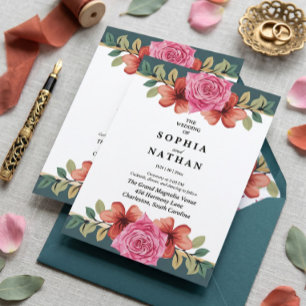 Convite de Casamento Floral Rosa Rosa e Azul Turqu