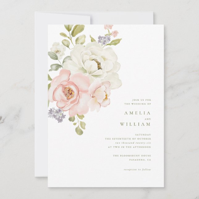 Convite de Casamento Floral Rosa Tenro (Frente)