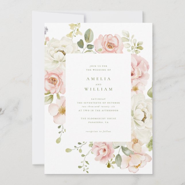 Convite de Casamento Floral Rosa Tenro (Frente)