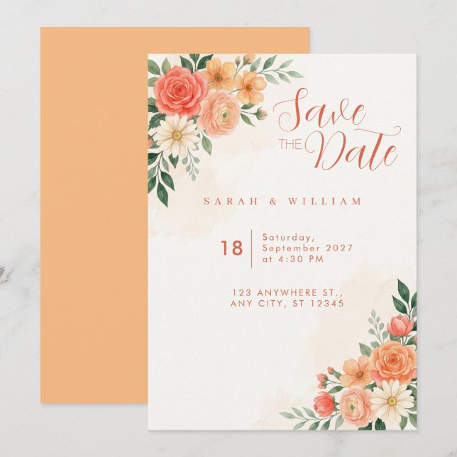 Convite de Casamento Floral Rosa Terracota Pêssego (Frente/Verso)