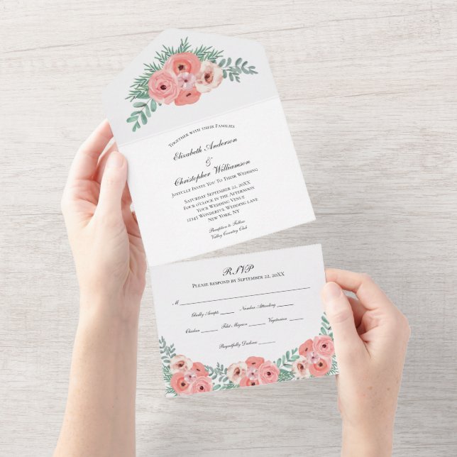 Convite de Casamento Floral Rosa Verde Tudo Em Um (Aba destacável)