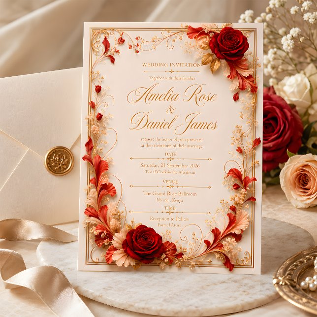 Convite de Casamento Floral Rosa Vermelha Elegante (Criador carregado)