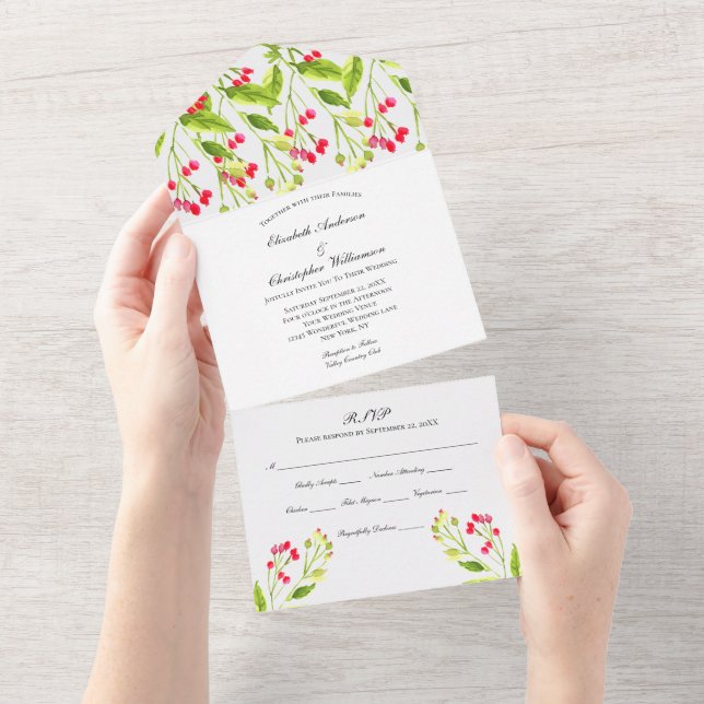 Convite de Casamento Floral Rosa Vermelho Tudo Em  (Aba destacável)