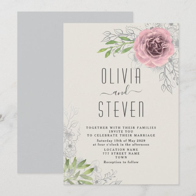 Convite de Casamento Floral Rosa Vintage (Frente/Verso)