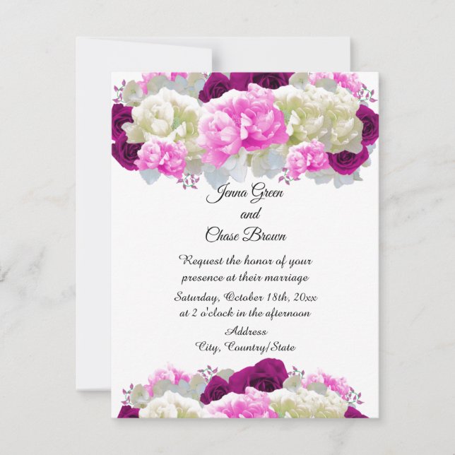 Convite de Casamento Floral Rosas e Peônias Rosa (Frente)