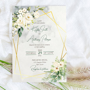 Convite de casamento floral rosas folhagem branca