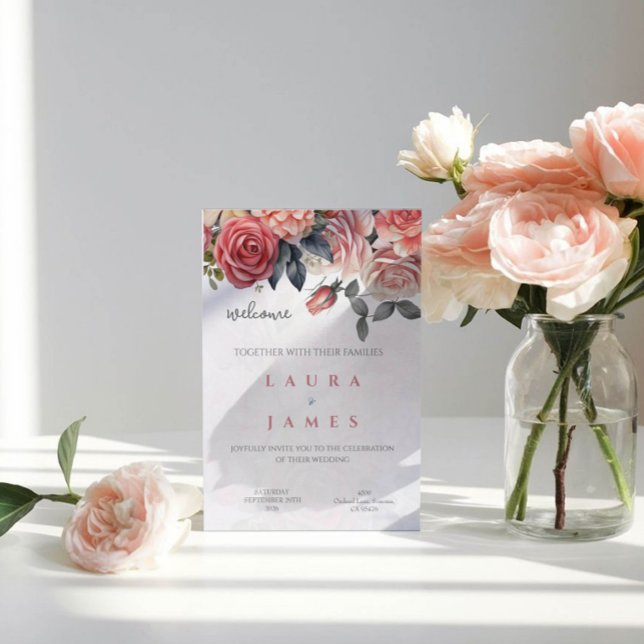 Convite de Casamento Floral Rosas Vermelhas e Bege (Criador carregado)