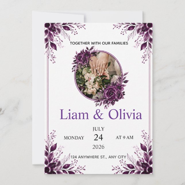 Convite de Casamento Floral Roxo  (Frente)