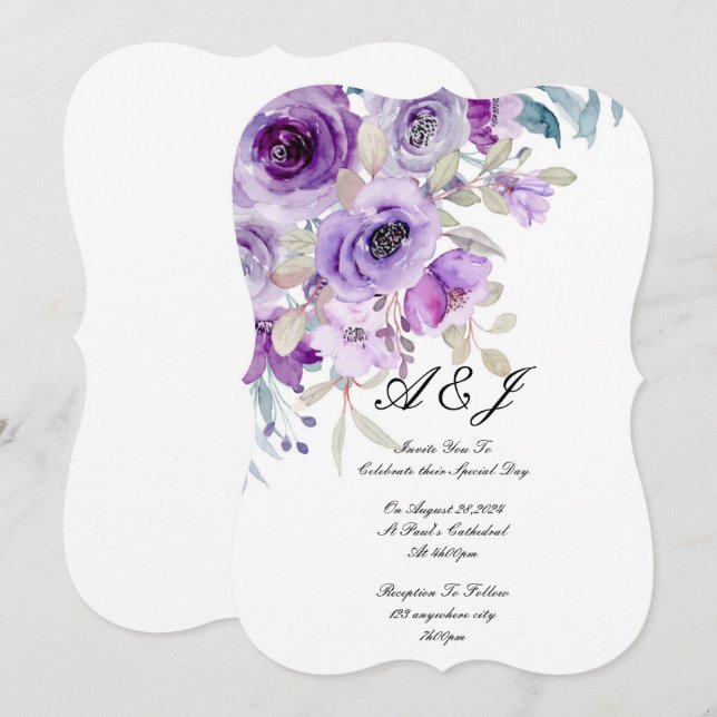 convite de casamento floral roxo (Frente/Verso)