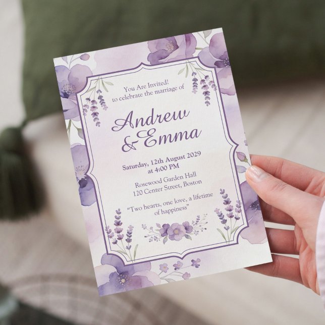Convite de Casamento Floral Roxo Aquarela (Criador carregado)