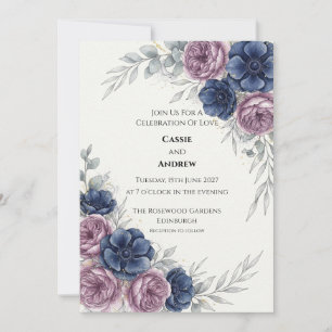 Convite de Casamento Floral Roxo Azul