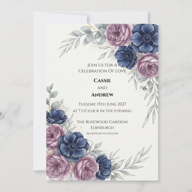 Convite de Casamento Floral Roxo Azul (Frente)