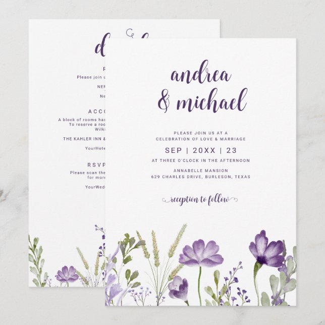 Convite de Casamento Floral Roxo com Detalhes Atrá (Frente/Verso)