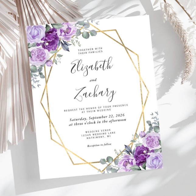 Convite de Casamento Floral Roxo com Moldura Doura (Criador carregado)