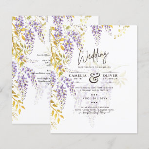 Convite de Casamento Floral Roxo Dourado WISTERIA