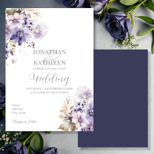Convite de Casamento Floral Roxo e Azul Aquarela
