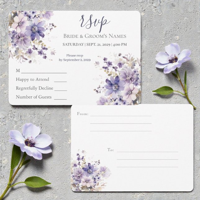 Convite de Casamento Floral Roxo e Azul em Aquarel (Criador carregado)