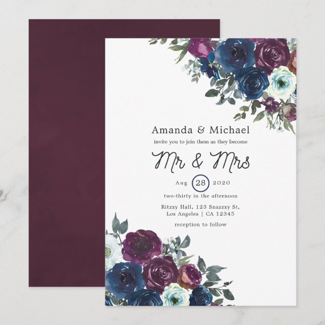 Convite de Casamento Floral Roxo e Azul Marinho (Frente/Verso)