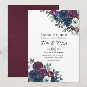 Convite de Casamento Floral Roxo e Azul Marinho