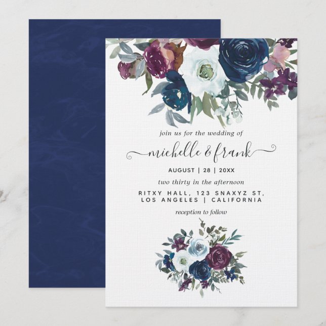 Convite de Casamento Floral Roxo e Azul Marinho (Frente/Verso)