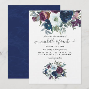 Convite de Casamento Floral Roxo e Azul Marinho