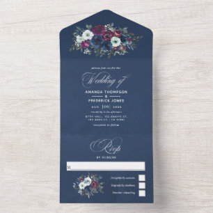 Convite de Casamento Floral Roxo e Azul Marinho Tu
