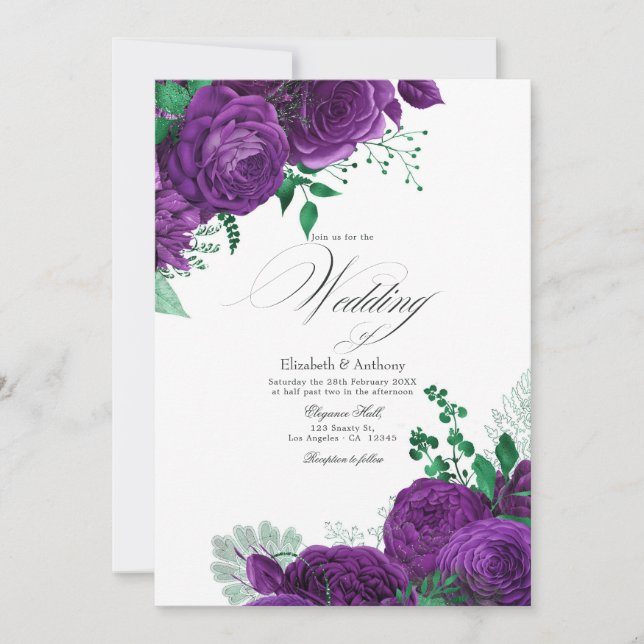 Convite de Casamento Floral Roxo e Verde Elegante  (Frente)