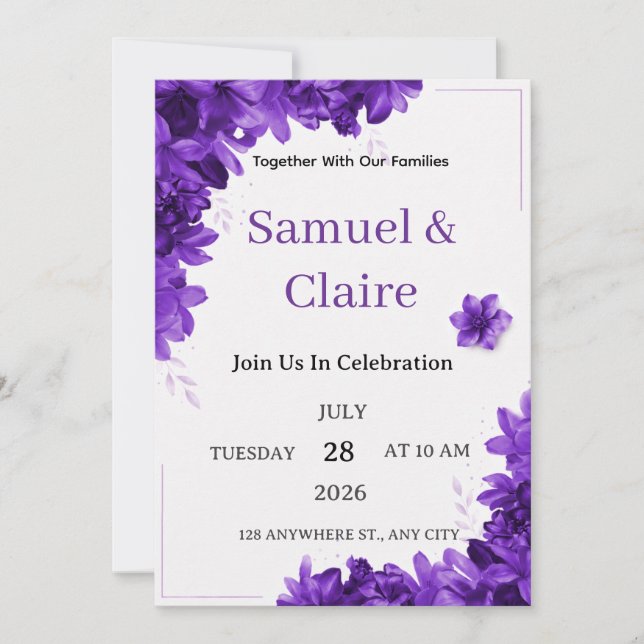 Convite de Casamento Floral Roxo Elegante (Frente)