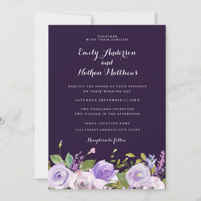 Convite de Casamento Floral Roxo Elegante (Frente)