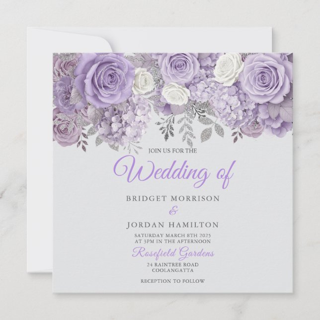 Convite de Casamento Floral Roxo Elegante com Bril (Frente)