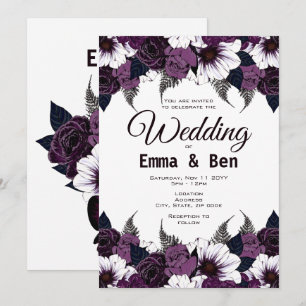 Convite de Casamento Floral Roxo Escuro Aquarela