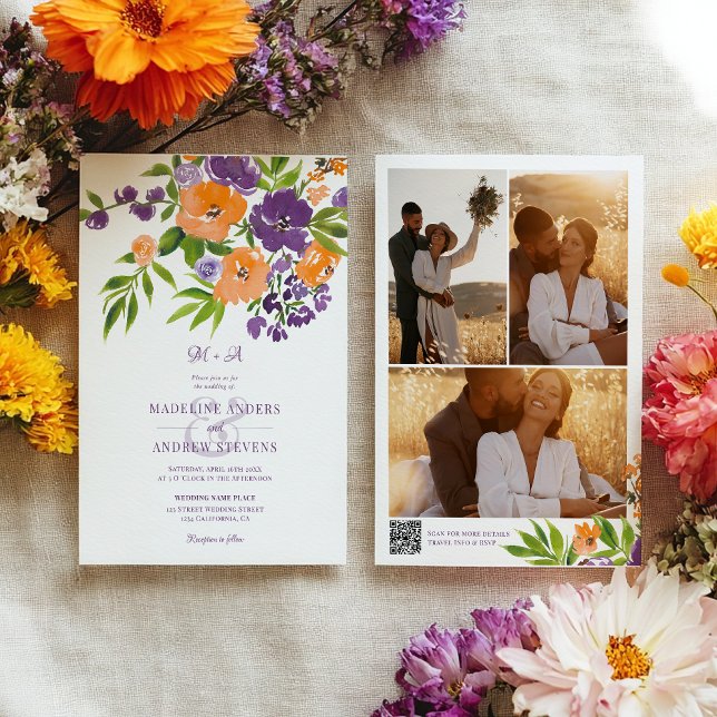 Convite de casamento floral roxo laranja fotos Cód (Garden Purple Orange Floral photos Qr code wedding Invitation)