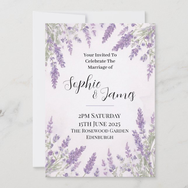 Convite de Casamento Floral Roxo Lavanda (Frente)