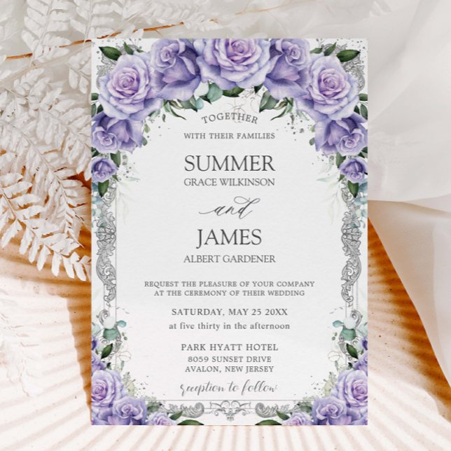 Convite de Casamento Floral Roxo Lavanda Chic Prat (Criador carregado)
