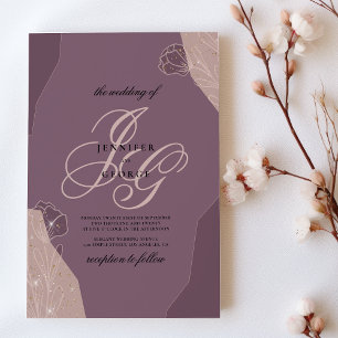 Convite de casamento floral roxo mauve iniciais mo