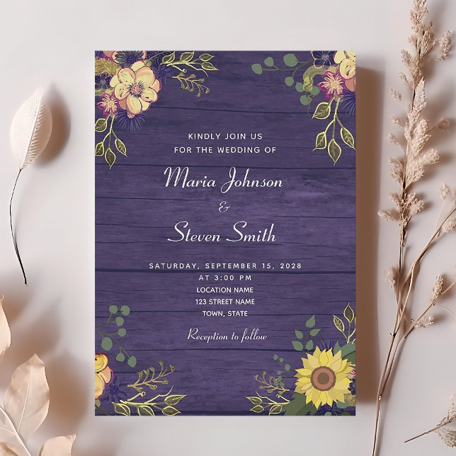 Convite de Casamento Floral Roxo Rústico Country (Criador carregado)
