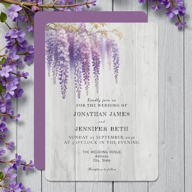Convite de Casamento Floral Roxo sobre Madeira Wis (Criador carregado)