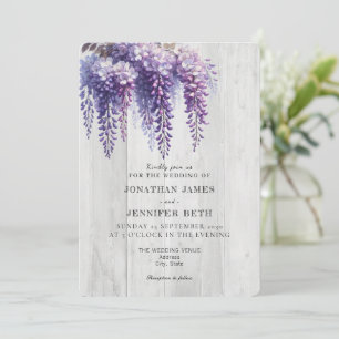 Convite de Casamento Floral Roxo sobre Madeira Wis