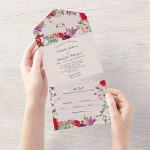 Convite de Casamento Floral Roxo Vermelho Tudo Em