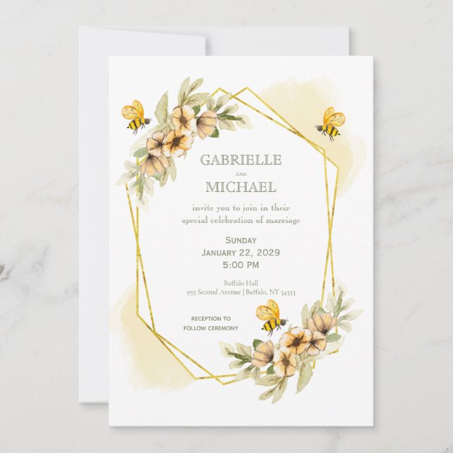 Convite De Casamento Floral Rustic Bumble Bee (Frente)