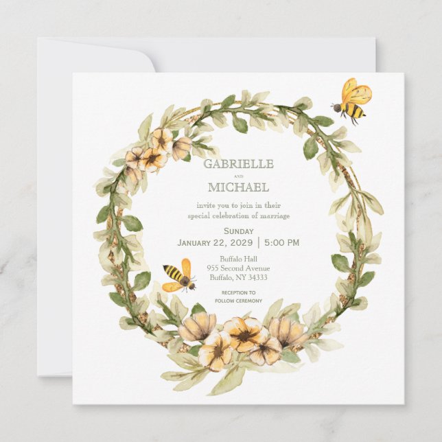 Convite De Casamento Floral Rustic Bumble Bee (Frente)
