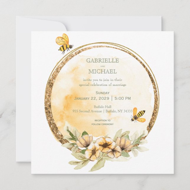Convite De Casamento Floral Rustic Bumble Bee (Frente)