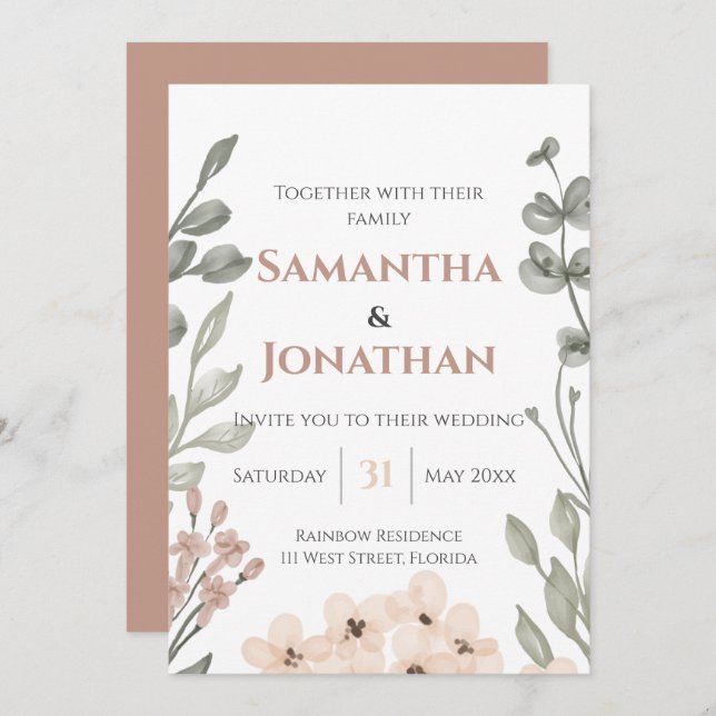 Convite De Casamento Floral Rustic Watercolor (Frente/Verso)
