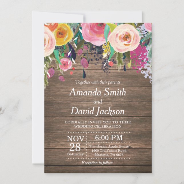 Convite De Casamento Floral Rustic Watercolor (Frente)
