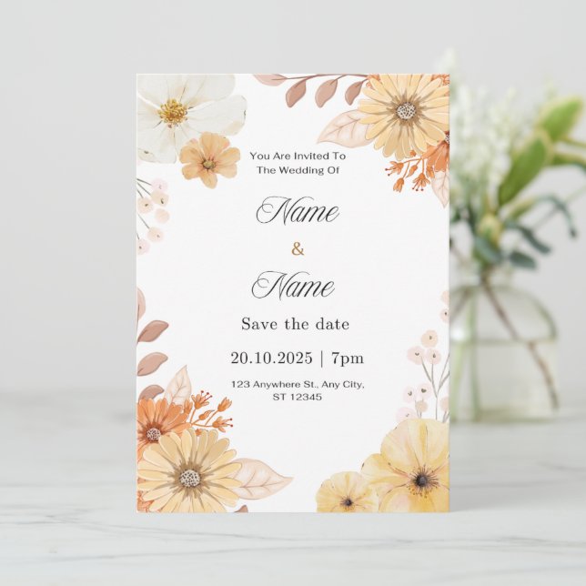 Convite de casamento floral rústico  (Em pé/Frente)