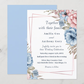 Convite de Casamento Floral Rústico Azul e Rosa