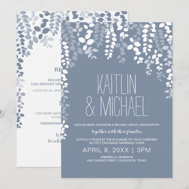 Convite de Casamento Floral Rústico (Azul Empoeira (Frente/Verso)